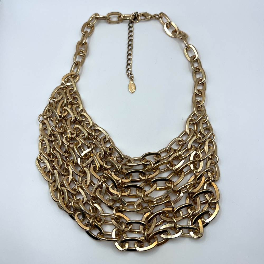 Aldo Gold Tone Multi Strand Chunky Link Statement Bib Necklace Layered Chain - Picture 4 of 7